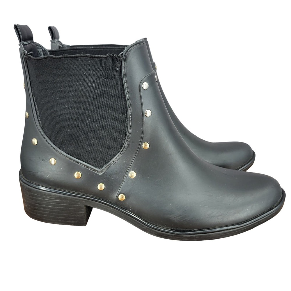 Kate Spade Chelsea Rain Boots Womens 10 / 11 Black Gold Studded Water Resistant